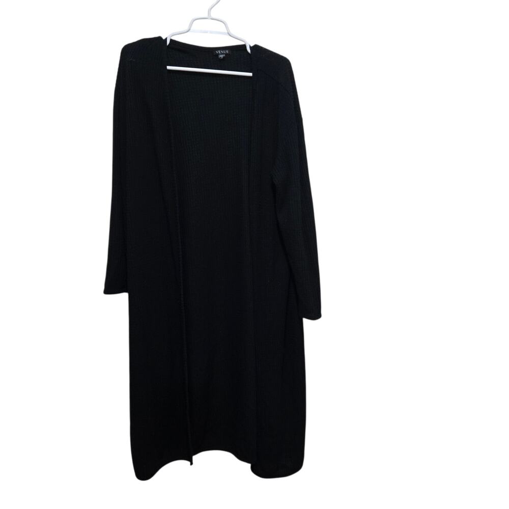 VENUS Waffle Knit Longline Open Front Duster Cardigan Black XL